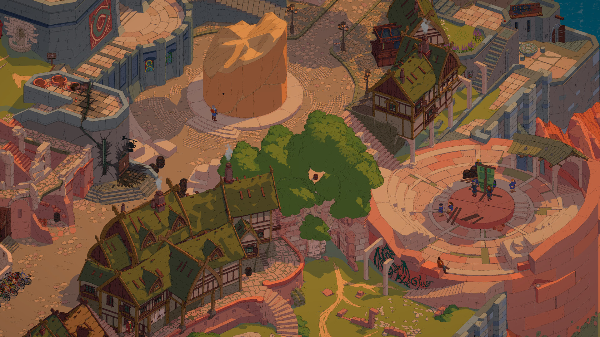 Norvik market district from above, warm afternoon light