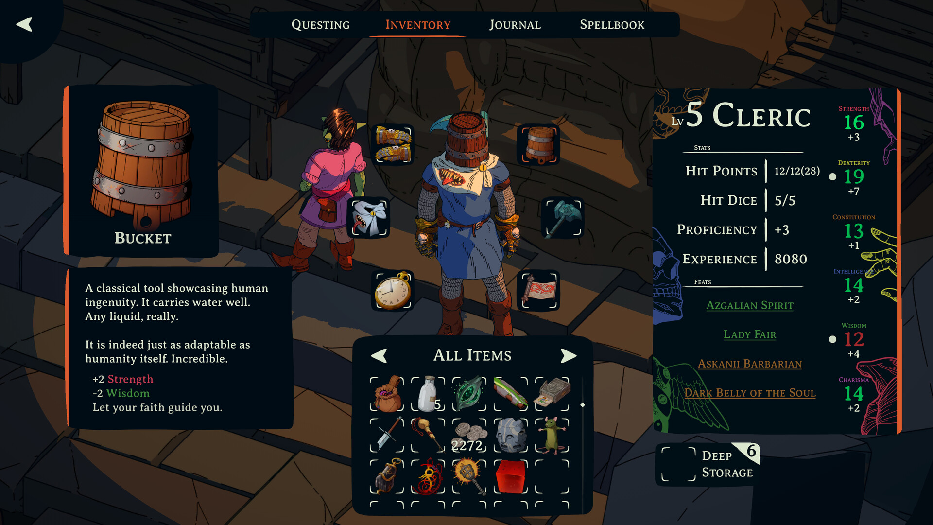 The Cleric inventory screen showing character stats and item descriptions